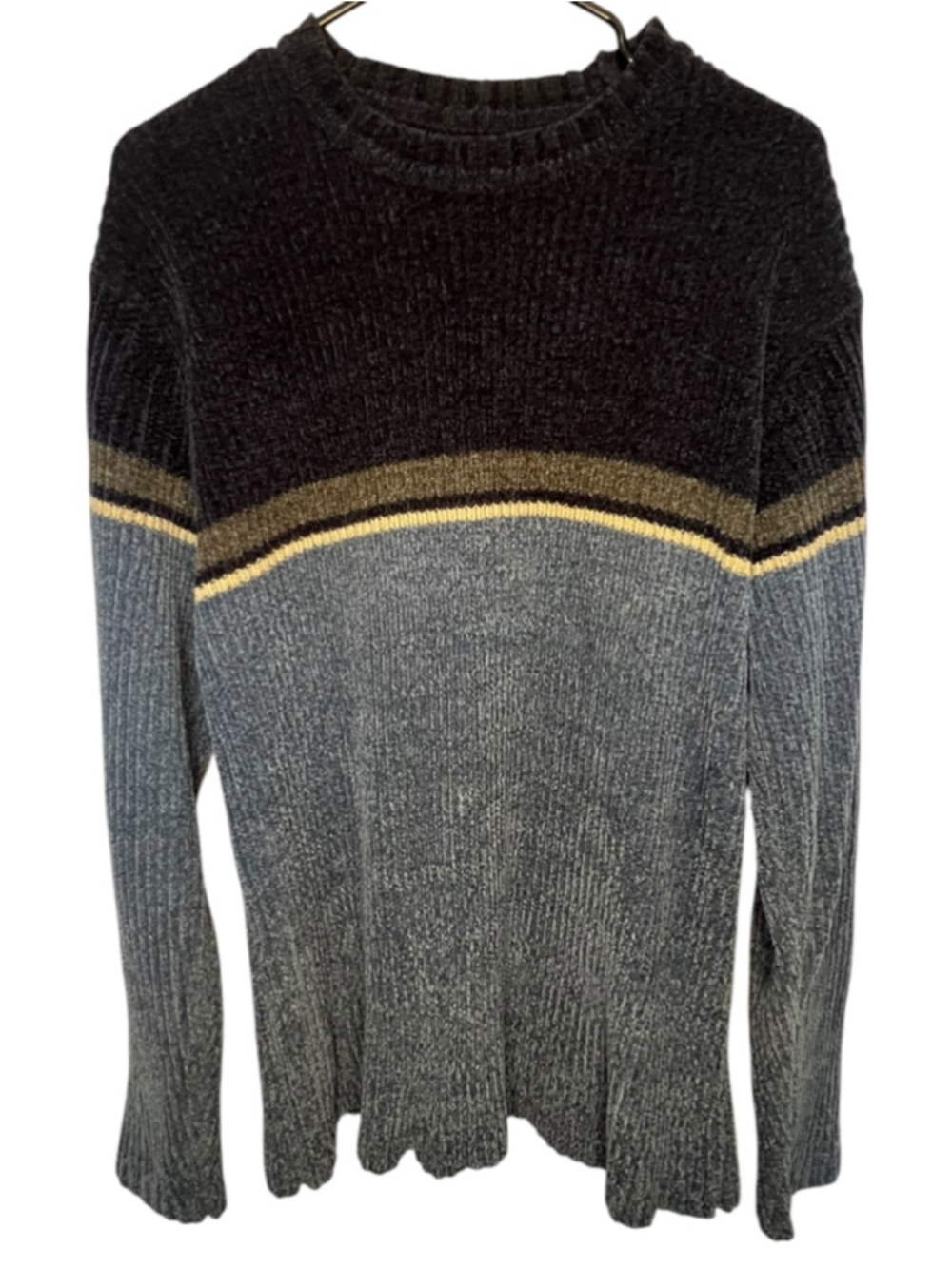 Arizona Blue And Grey Striped Colorblock Chenille Pullover Ribbed Knit Sweater